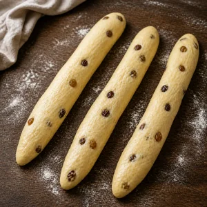 Three long raisin dough ropes ready for braiding