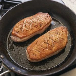 Duck breasts render skin side down in a skillet until golden and crisp