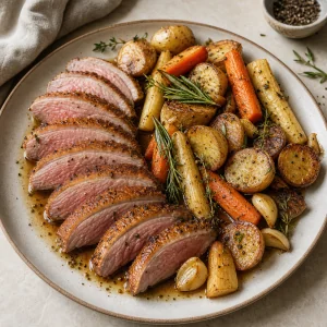 Rested roasted duck sliced and served with root vegetables and glossy pan juices