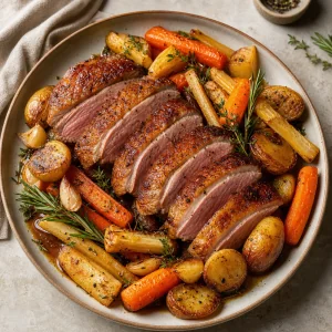 Peito de pato assado fatiado com legumes de raiz ervas e molho da assadeira