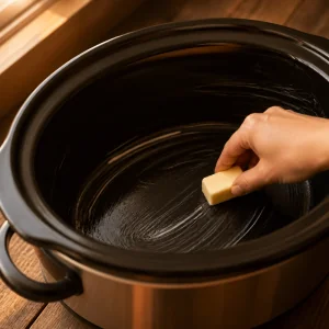 Butter fettet das Innere eines Slow-Cooker-Einsatzes ein