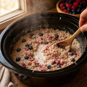 Gekochter Beeren-Porridge wird im Slow Cooker umgeruehrt