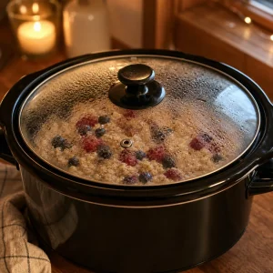 Abgedeckter Slow Cooker mit kochender Hafermasse und Beeren