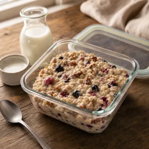 Uebriger Beeren-Porridge in einem Glasbehaelter