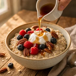 Ahornsirup auf Porridge mit Beeren, Pekannuessen und Joghurt