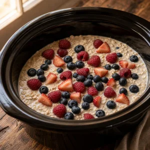 Gemischte Beeren liegen auf der Hafermischung im Slow Cooker