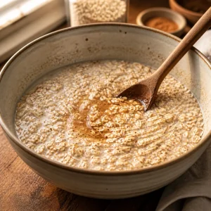 Haferflocken und Milch werden mit Zimt und Ahornsirup verruehrt