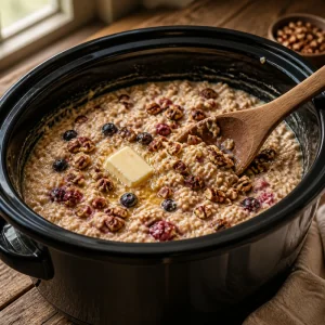 Pekannuesse und schmelzende Butter werden unter den Porridge gehoben