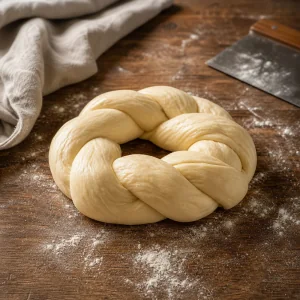 Braiding three ropes of brioche dough into an oval loaf