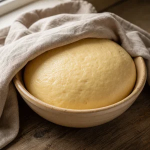 Brioche dough rising in a covered bowl until doubled