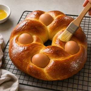 Brushing baked Easter brioche with melted butter on a cooling rack