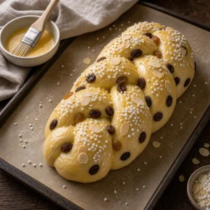Brushing the shaped Easter brioche loaf with egg wash