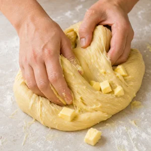 Kneading softened butter into elastic brioche dough by hand