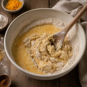 Pouring the milk mixture into dry ingredients to make shaggy brioche dough