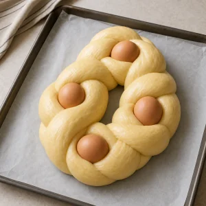 Whole eggs nestled into the risen braided brioche dough