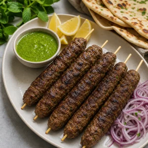 Cooked seekh kebabs served with mint chutney, naan, onion, and lemon