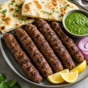 Gegrillte Seekh Kebabs mit Minz-Chutney, Naan, Zwiebeln und Zitrone