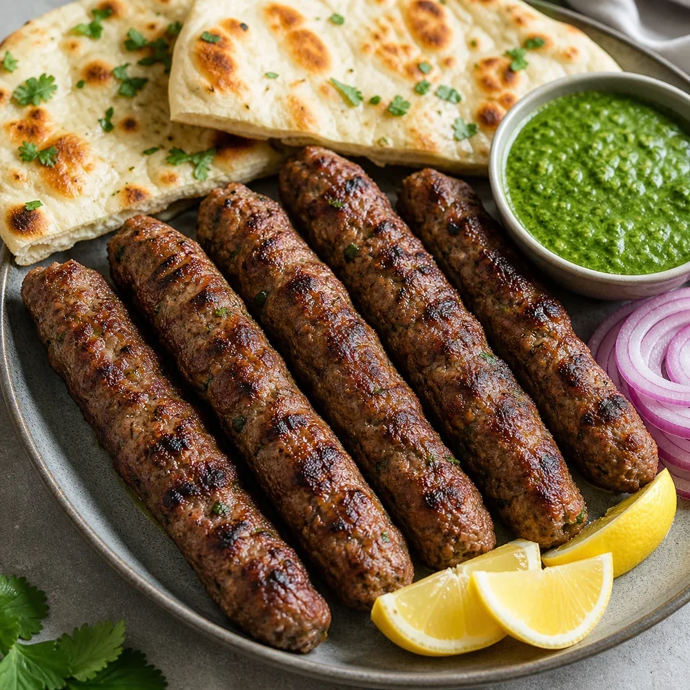 Grilled seekh kebabs with mint chutney, naan, onion, and lemon wedges