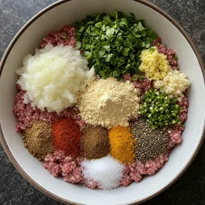 Ground beef with onion, herbs, chickpea flour, and spices in a bowl