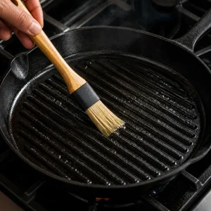 Hot grill pan being brushed with oil before cooking kebabs