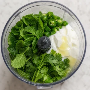 Mint, cilantro, yogurt, lemon, and chile blended into green chutney