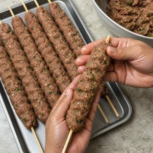 Raw seekh kebabs shaped around skewers with ridges