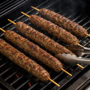 Seekh kebabs browning on a hot grill