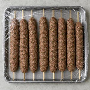 Shaped raw kebabs on a tray ready to chill before grilling