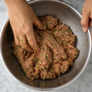 Spiced ground beef mixture being mixed until cohesive