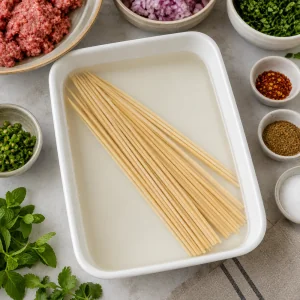 Wooden skewers soaking in water before preparing the kebabs