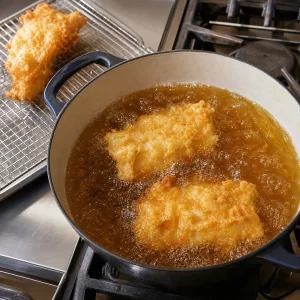 Beer-battered cod frying until deeply golden and crisp