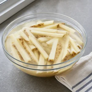 Cut potatoes soaking in cold water to remove surface starch