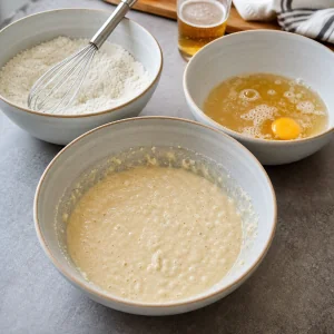 Flour mixture, pale ale and egg prepared for the beer batter