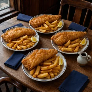 Four plates of hot fish and chips ready to serve