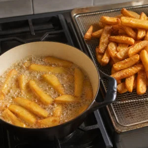 Golden potato chips during the crisp second fry