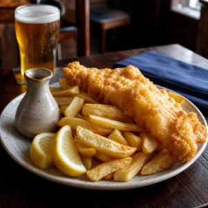 Pale ale battered fish and thick chips with lemon and malt vinegar
