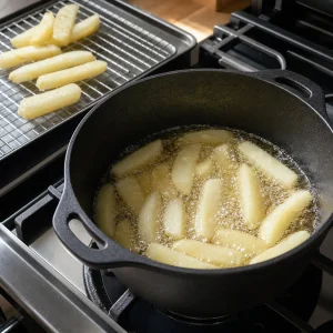 Pale potato chips during the first low-temperature fry