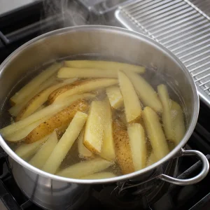 Potato chips gently simmering before they steam-dry on a rack