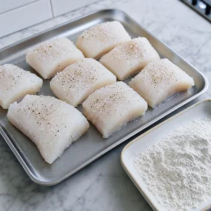 Seasoned raw cod portions beside flour for dredging