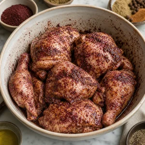 Chicken coated with sumac spice rub in a mixing bowl