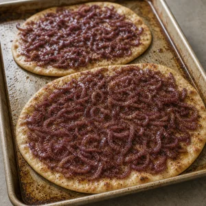 Flatbreads spread with glossy sumac onions on a baking sheet