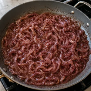 Glossy sumac onions simmering in a skillet