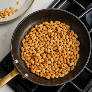 Golden toasted pine nuts in a small skillet