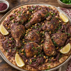 Musakhan topped with pine nuts, parsley, sumac, and lemon wedges