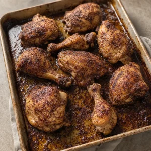 Roasted chicken pieces browned on a baking sheet