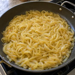 Soft sliced onions cooking in olive oil in a skillet
