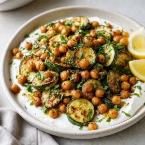 Finished chickpea and zucchini plate over garlic yogurt