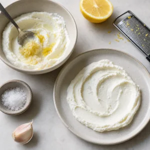 Yogurt all’aglio e limone steso su un piatto basso