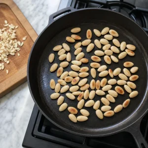 Almendras blanqueadas tostándose en una sartén seca