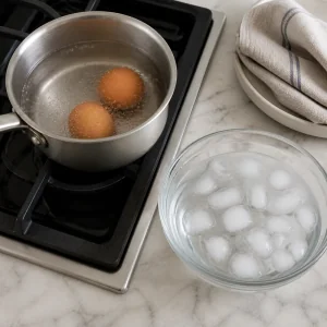 Huevos hirviendo en un cazo junto a un bol de agua con hielo